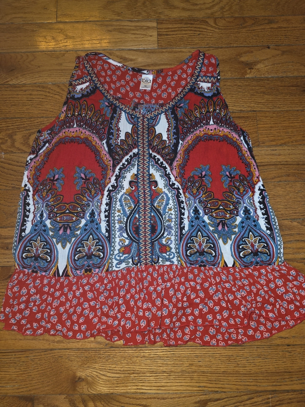 Bila Red Paisley & Medallion Sleeveless Top with Multicolor Trim
